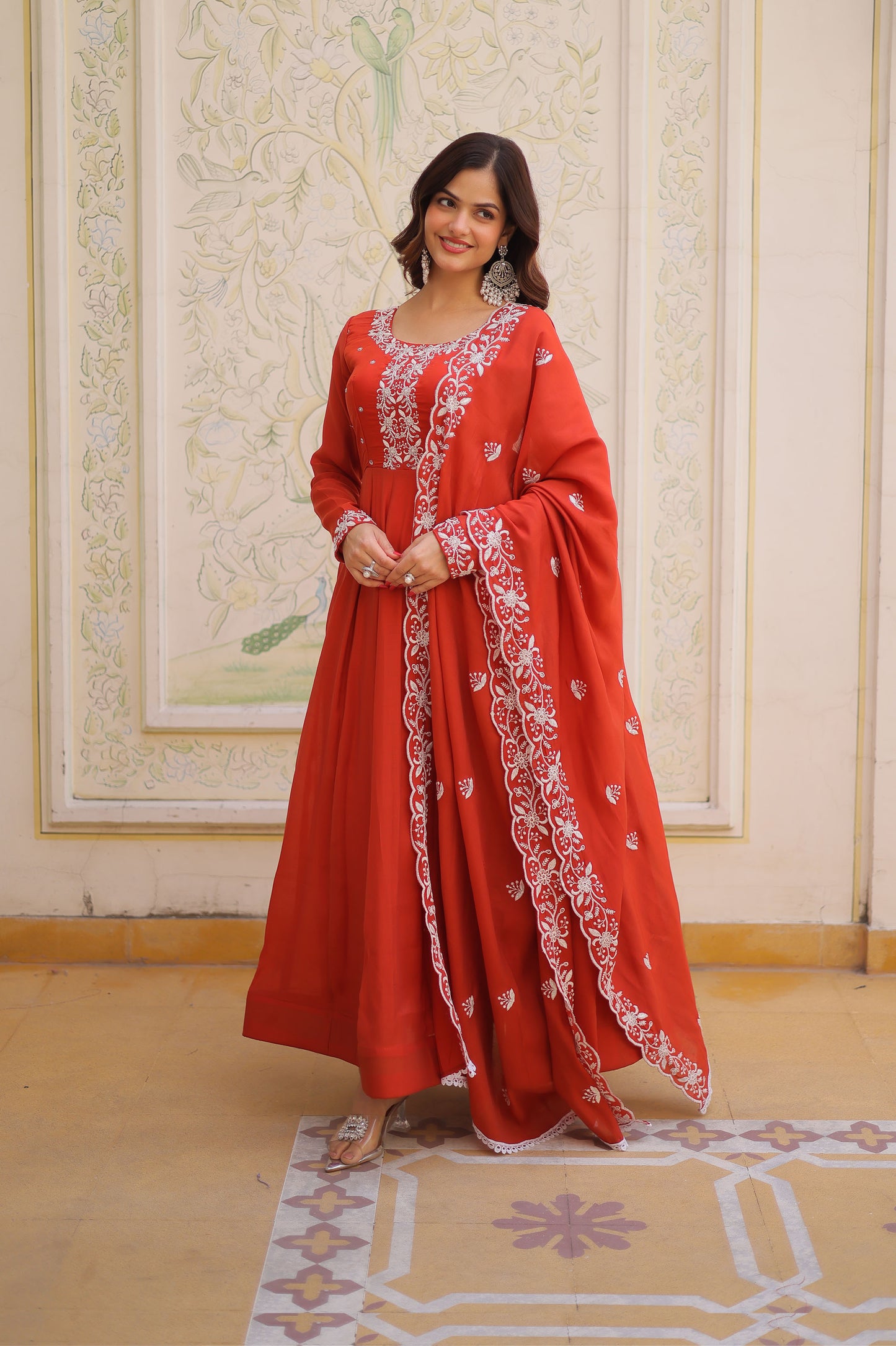 Maavi Rust Orange Beads and Resham Embroidered Gown with Dupatta