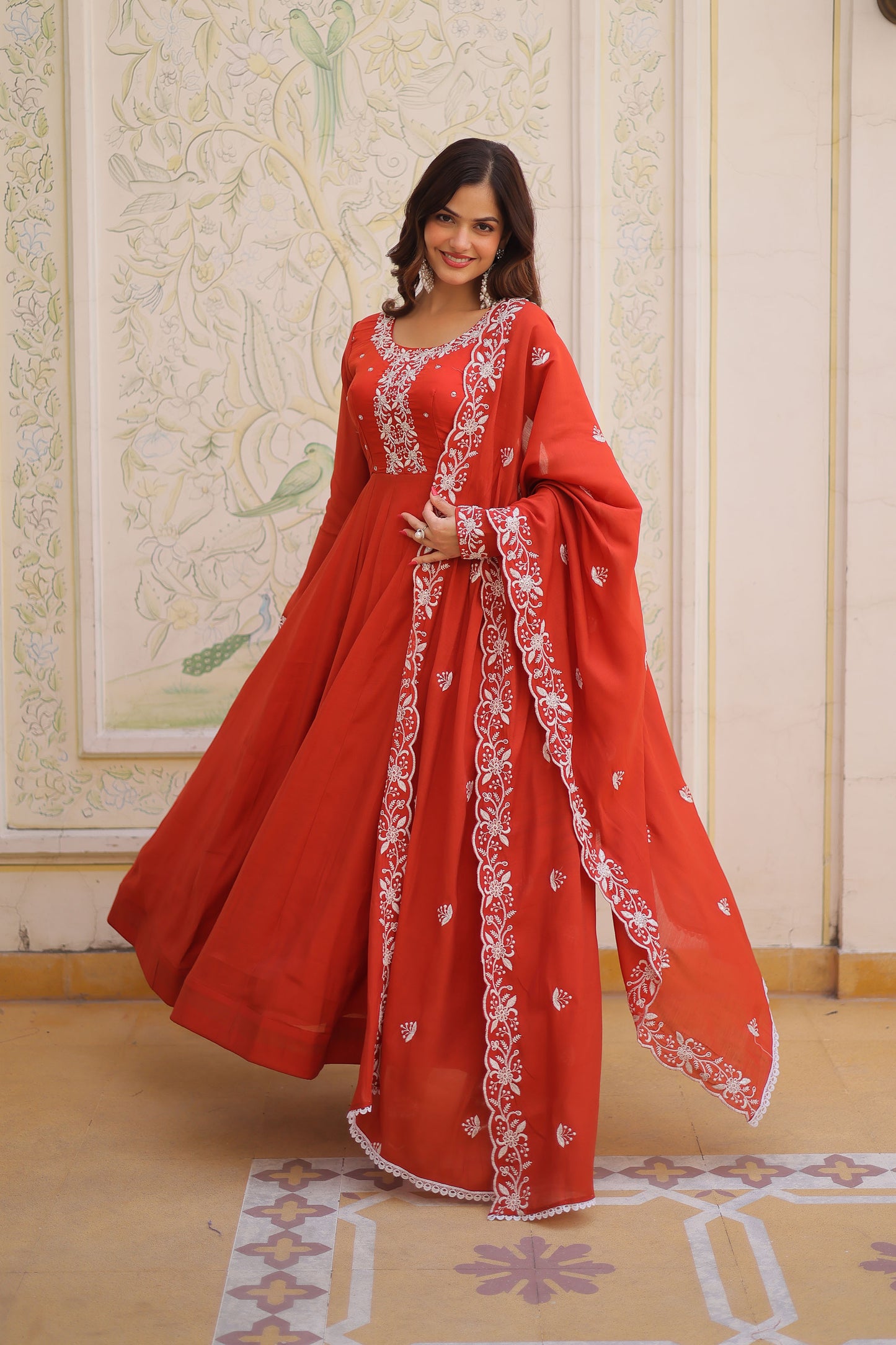 Maavi Rust Orange Beads and Resham Embroidered Gown with Dupatta