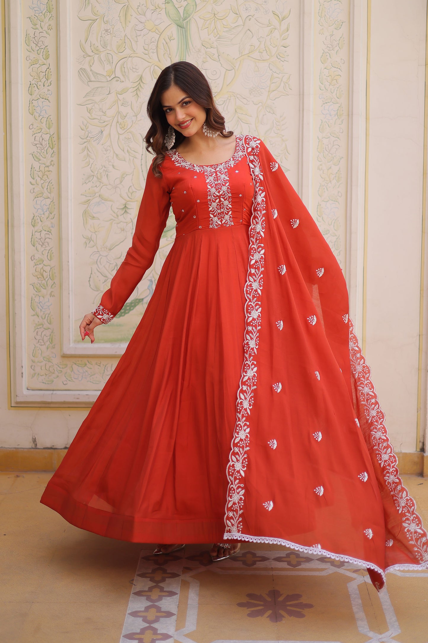 Maavi Rust Orange Beads and Resham Embroidered Gown with Dupatta