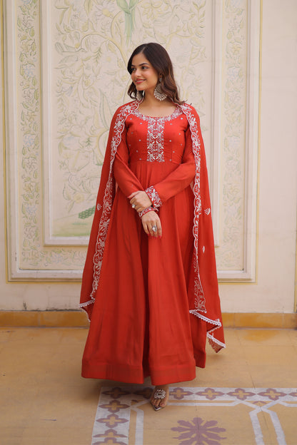 Maavi Rust Orange Beads and Resham Embroidered Gown with Dupatta