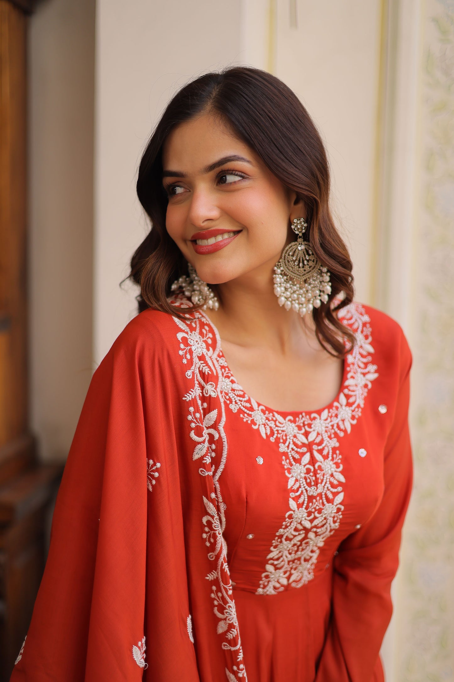 Maavi Rust Orange Beads and Resham Embroidered Gown with Dupatta