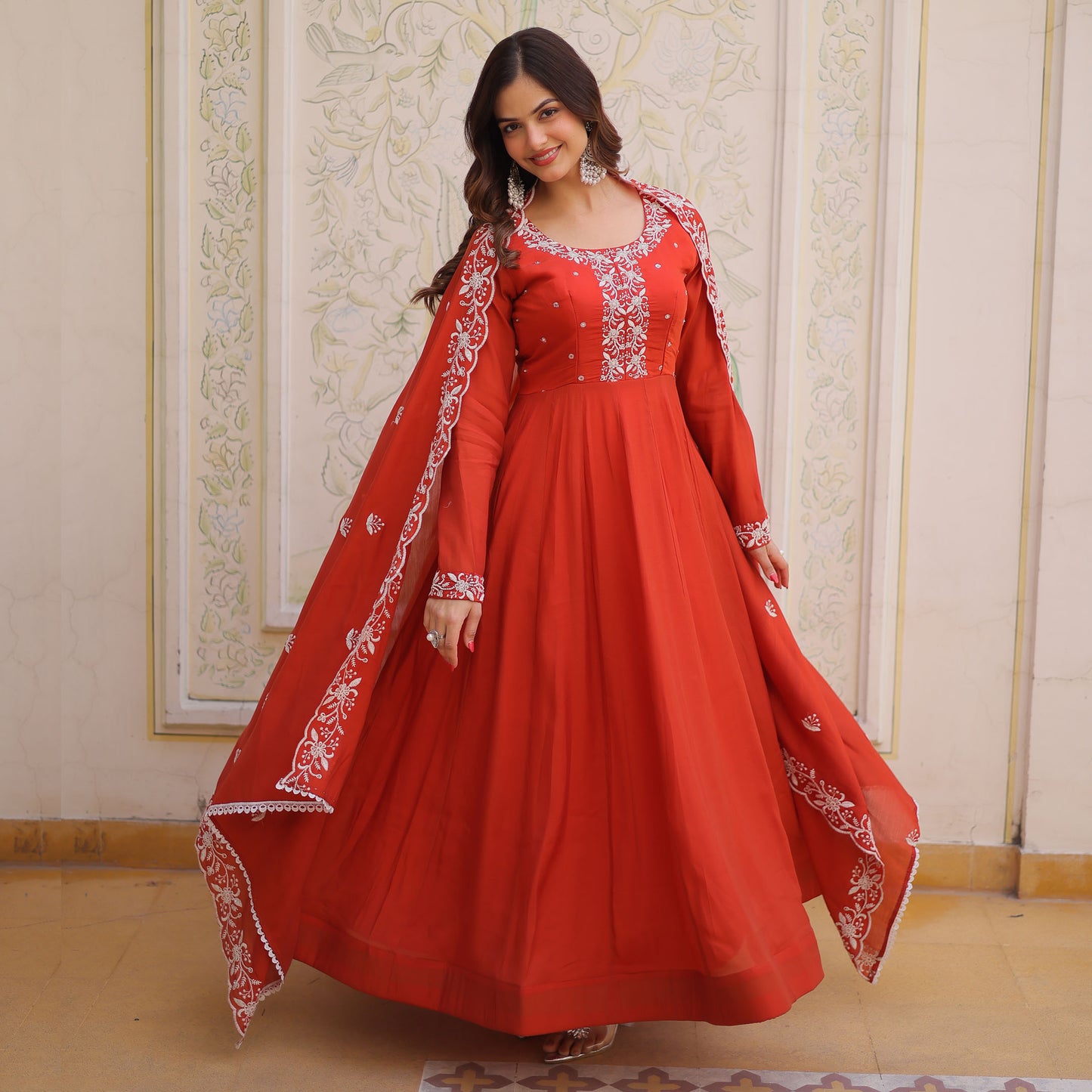 Maavi Rust Orange Beads and Resham Embroidered Gown with Dupatta