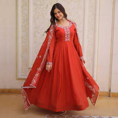 Maavi Rust Orange Beads and Resham Embroidered Gown with Dupatta