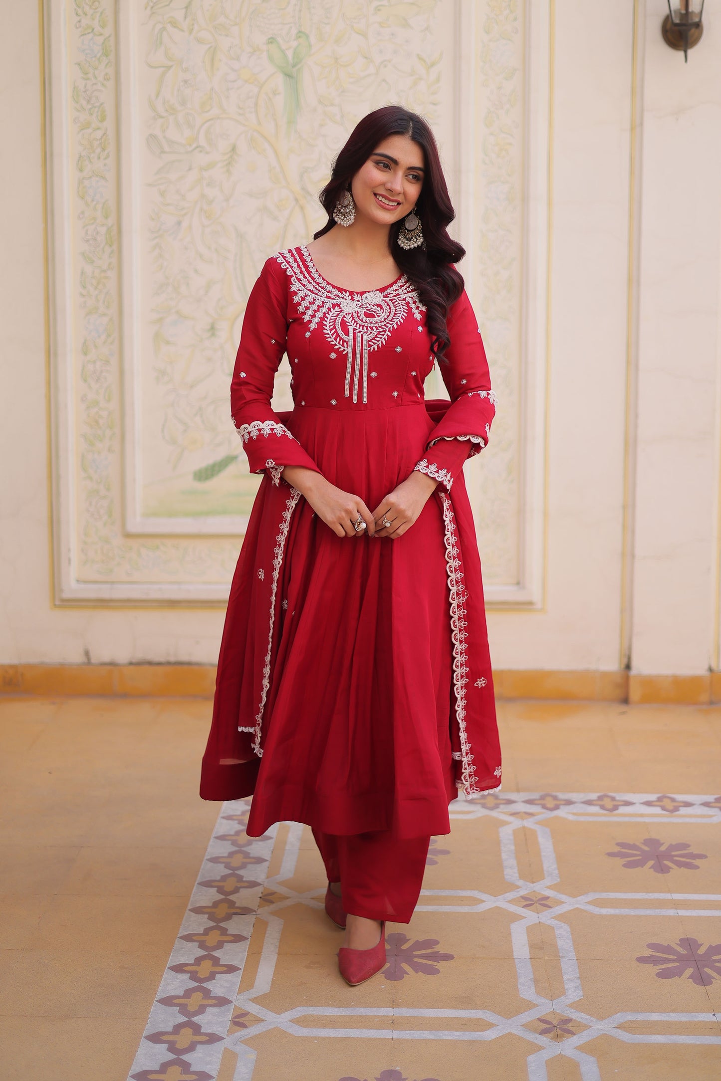 Suhira Red Mul Chanderi Embroidered Anarkali Set