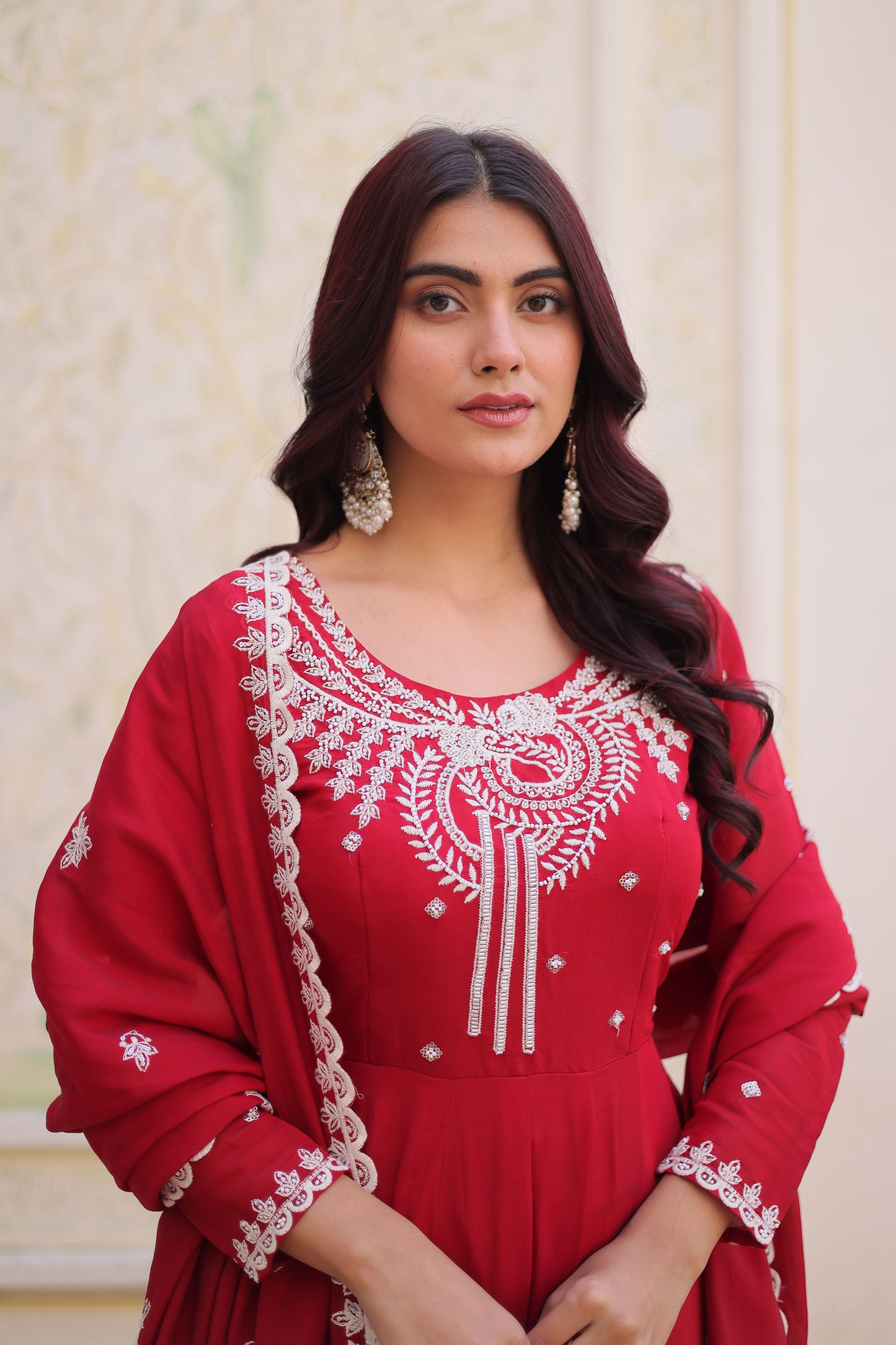 Suhira Red Mul Chanderi Embroidered Anarkali Set