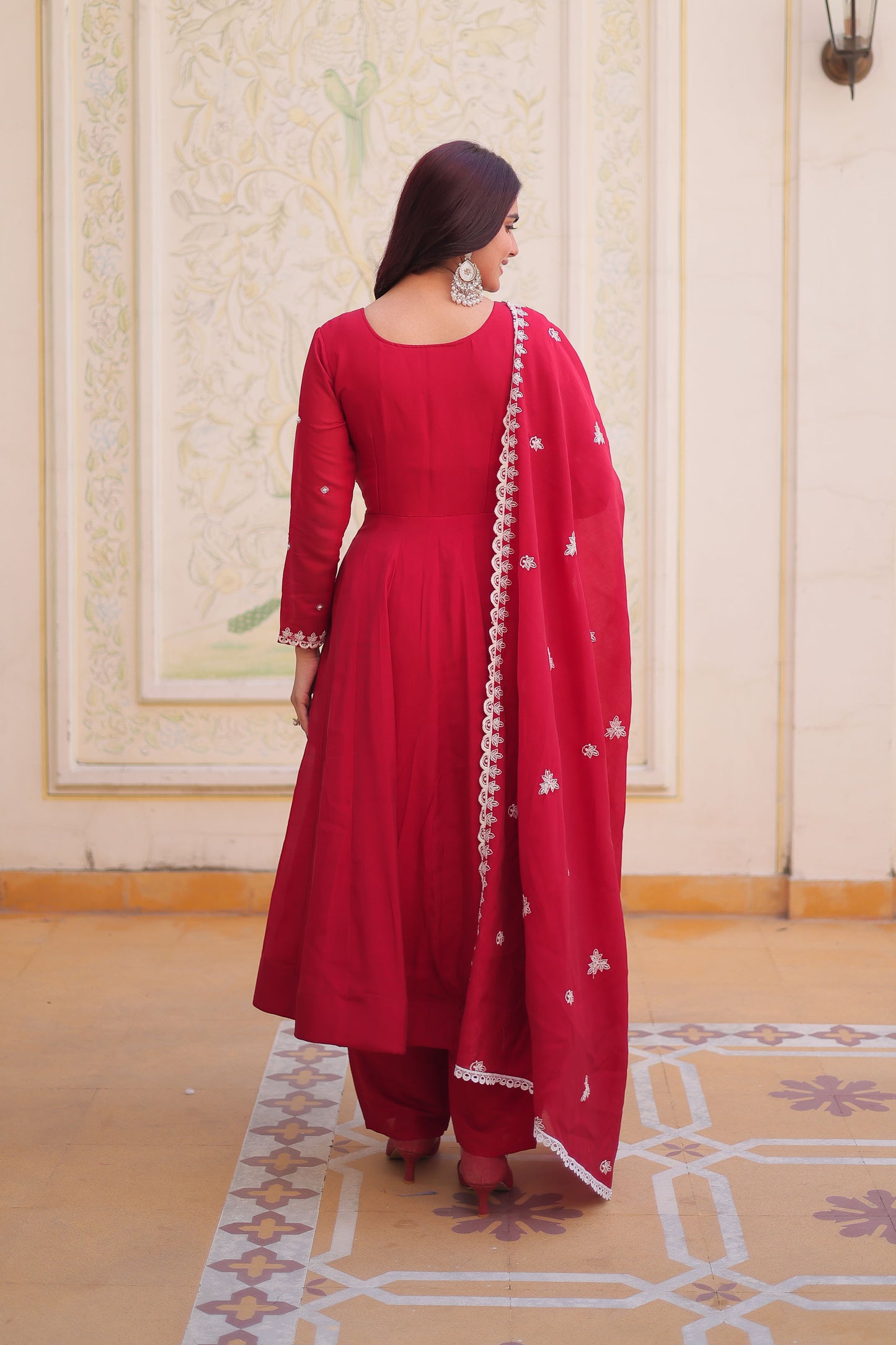 Suhira Red Mul Chanderi Embroidered Anarkali Set