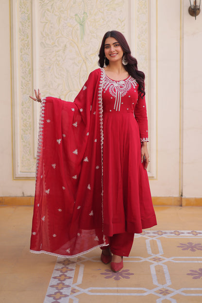 Suhira Red Mul Chanderi Embroidered Anarkali Set