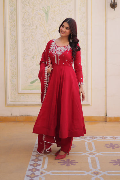 Suhira Red Mul Chanderi Embroidered Anarkali Set