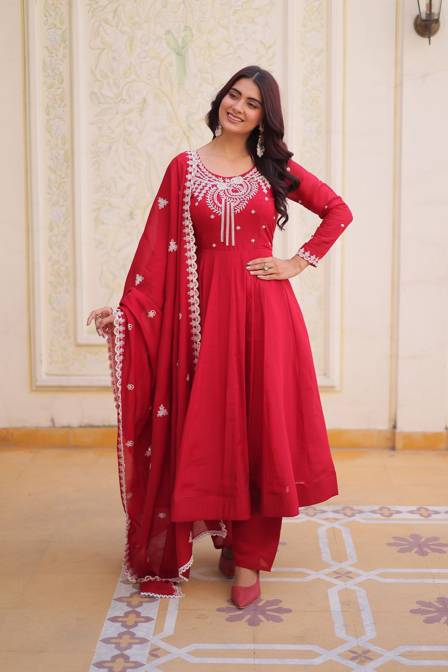Suhira Red Mul Chanderi Embroidered Anarkali Set