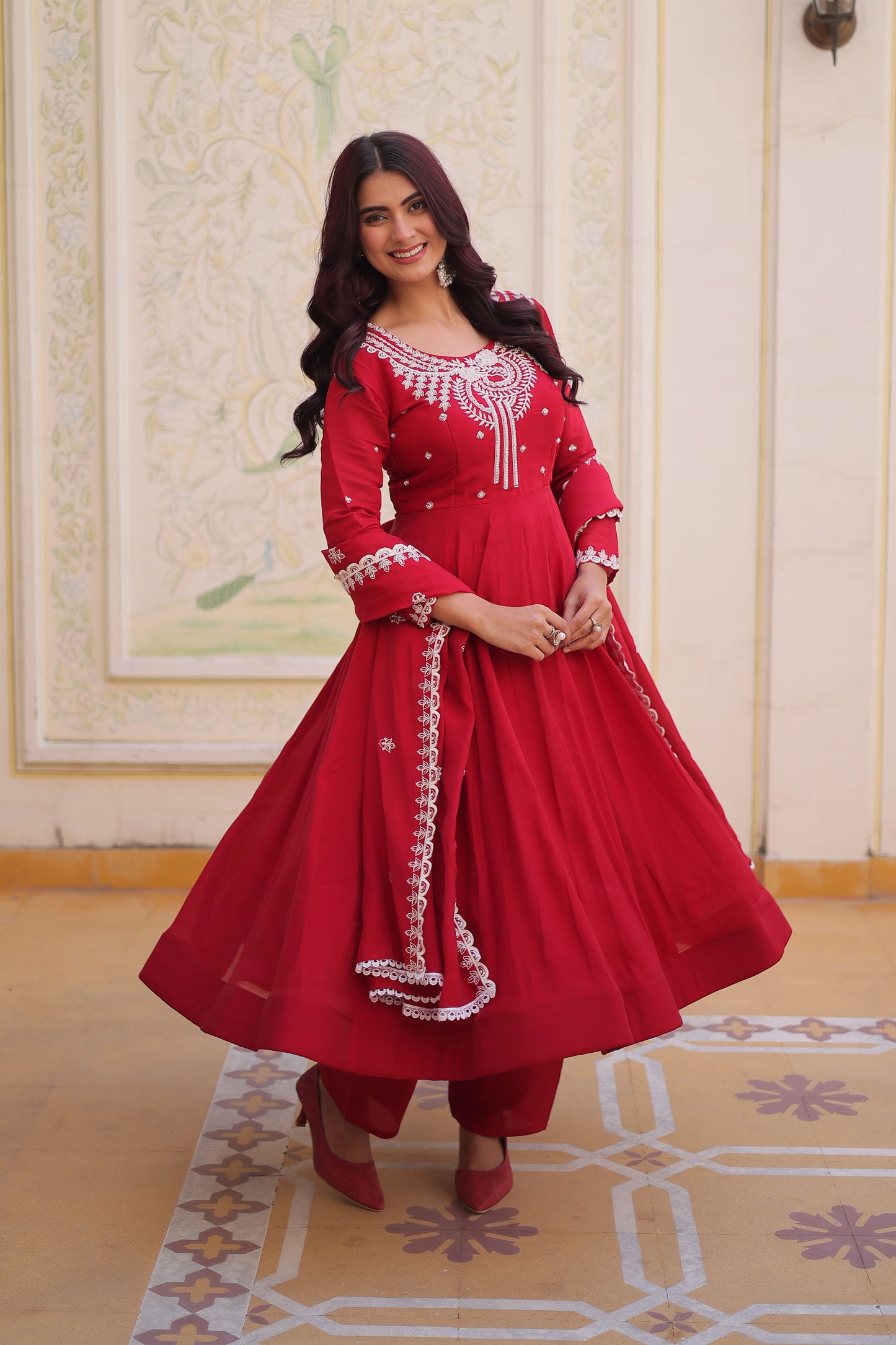 Suhira Red Mul Chanderi Embroidered Anarkali Set