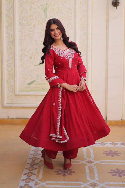 Suhira Red Mul Chanderi Embroidered Anarkali Set