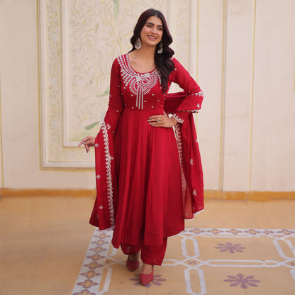 Suhira Red Mul Chanderi Embroidered Anarkali Set