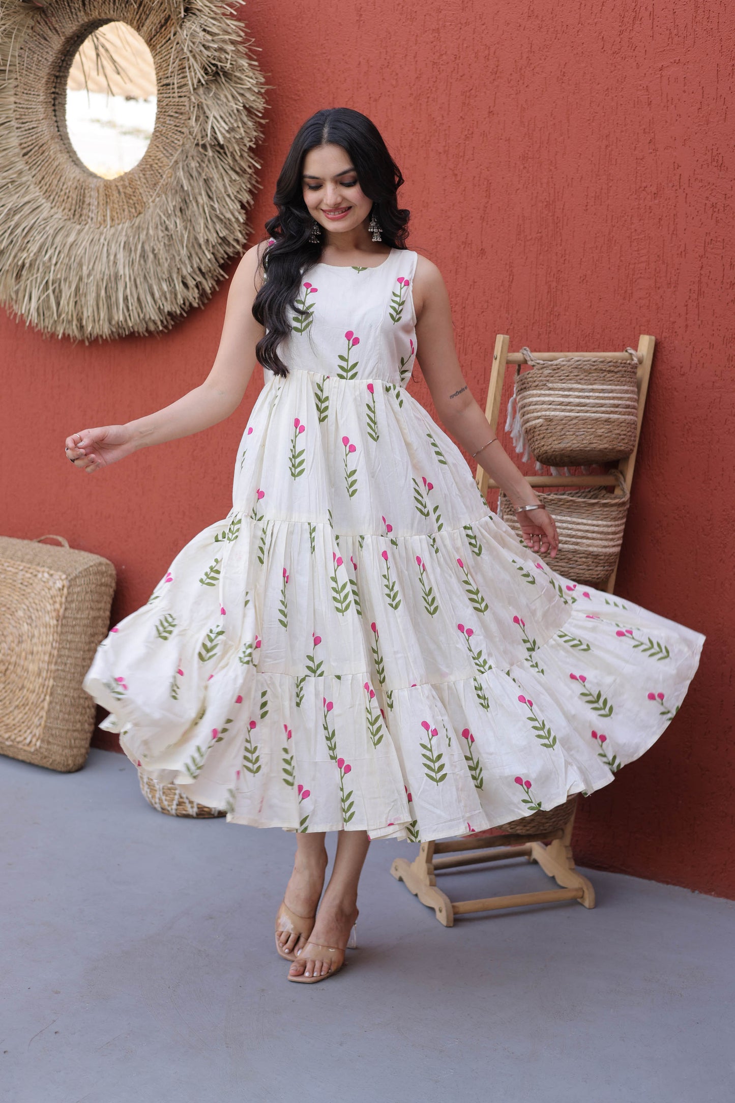 Maalti Off-White Cotton Printed Tiered Kurti