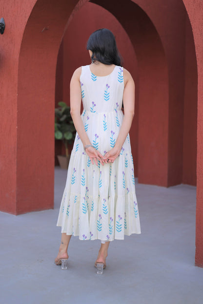Neelaveni Sky Blue Cotton Printed Tiered Kurti