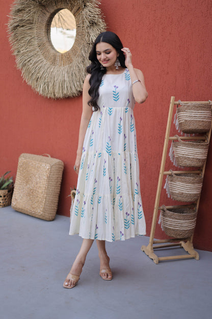 Neelaveni Sky Blue Cotton Printed Tiered Kurti