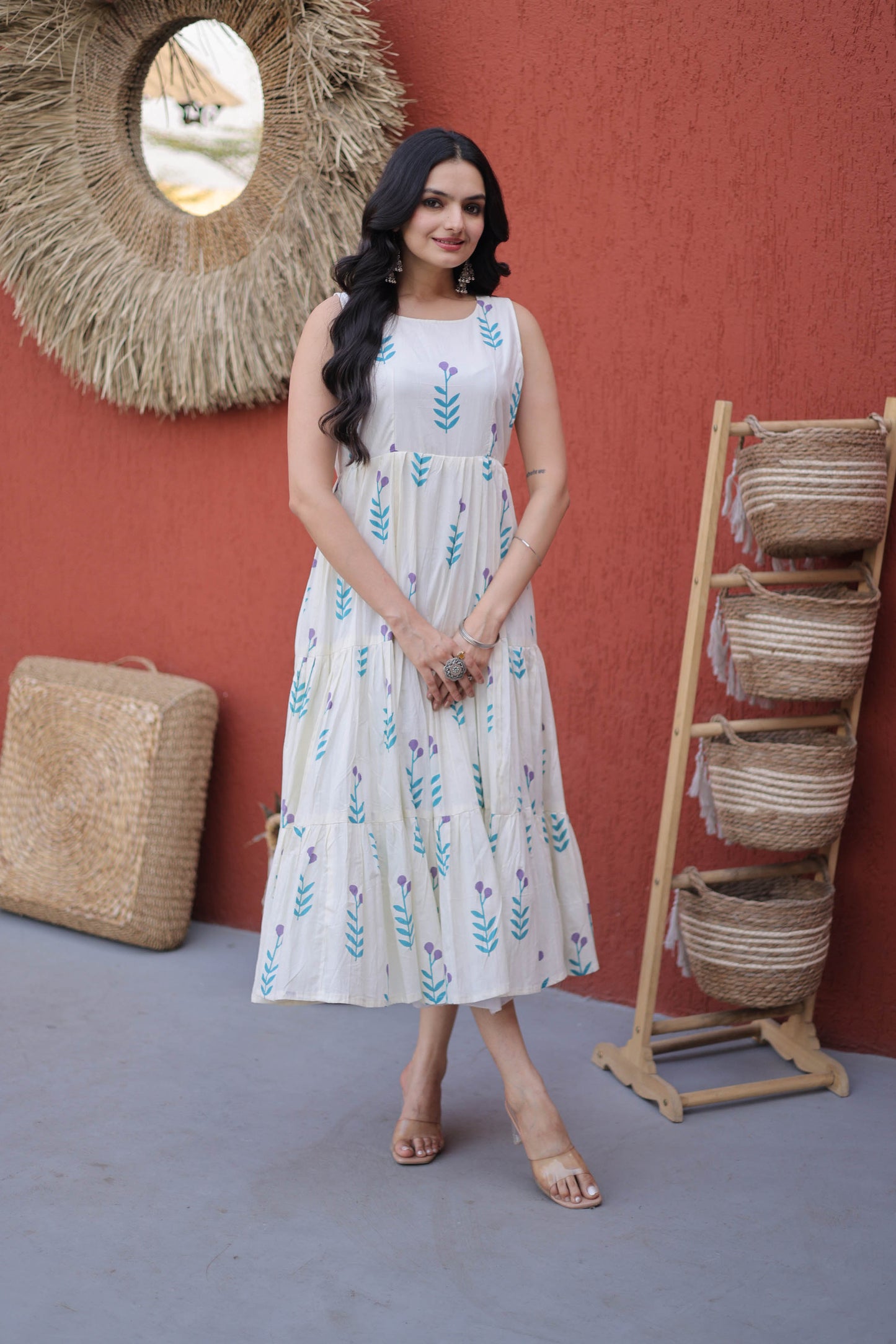 Neelaveni Sky Blue Cotton Printed Tiered Kurti