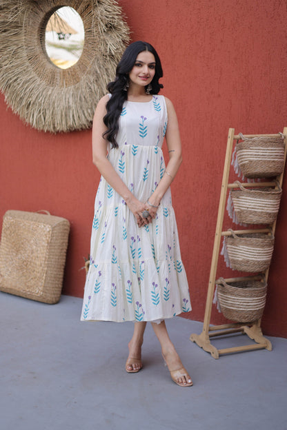 Neelaveni Sky Blue Cotton Printed Tiered Kurti