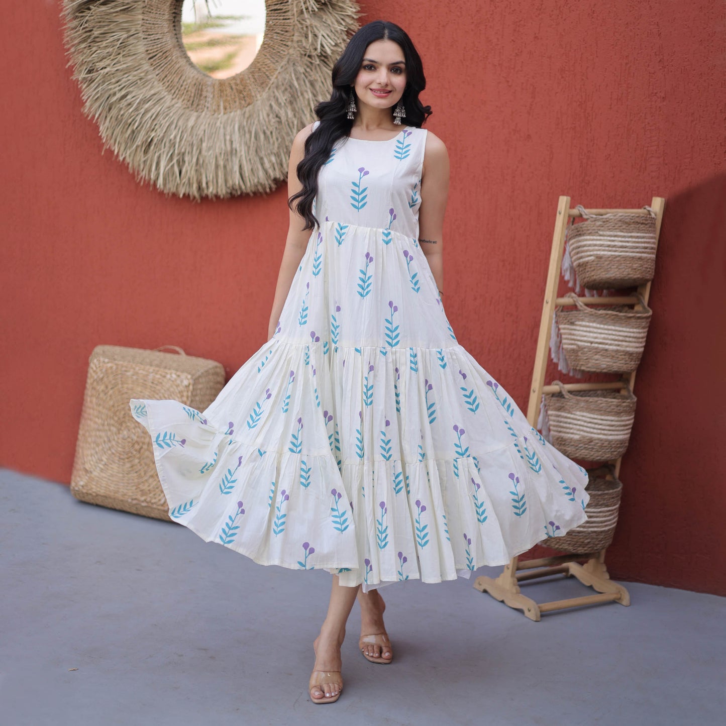 Neelaveni Sky Blue Cotton Printed Tiered Kurti