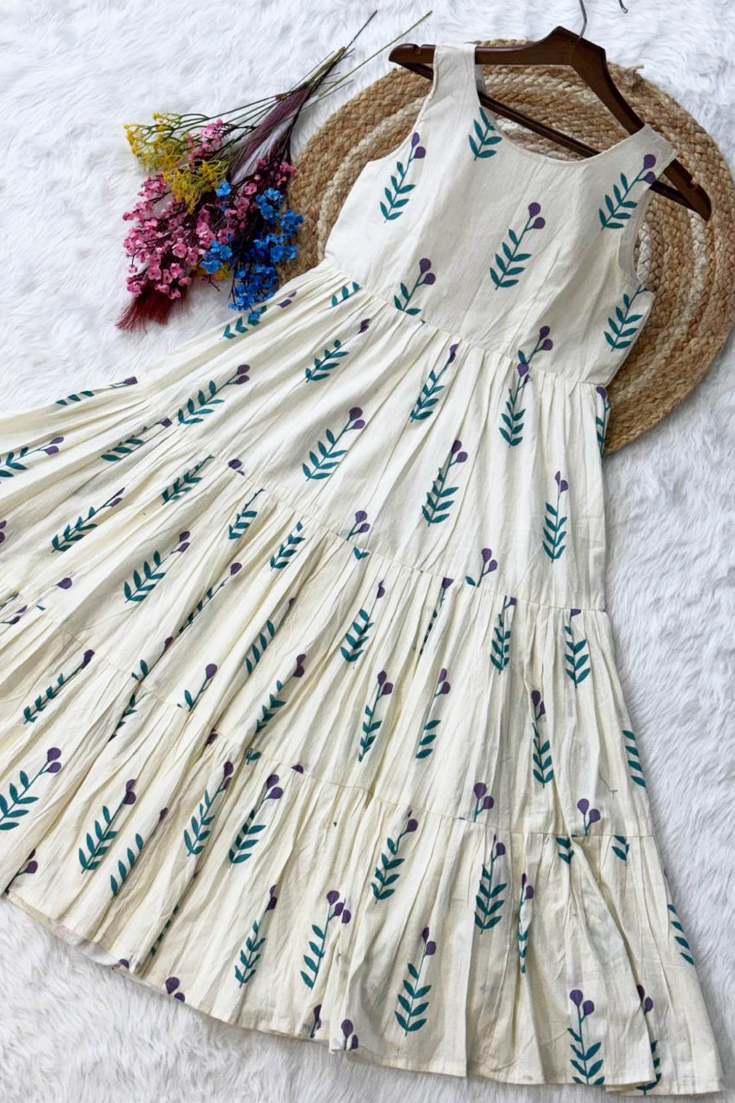Neelaveni Sky Blue Cotton Printed Tiered Kurti