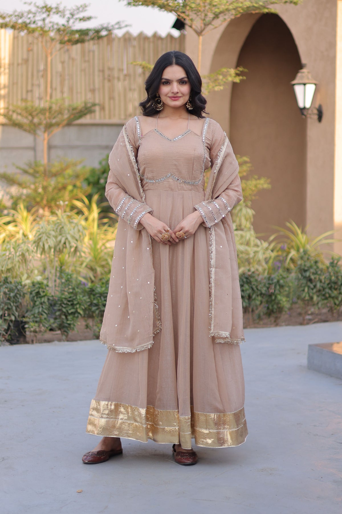 Aarvi Cream Silver Crunchy Gown Set