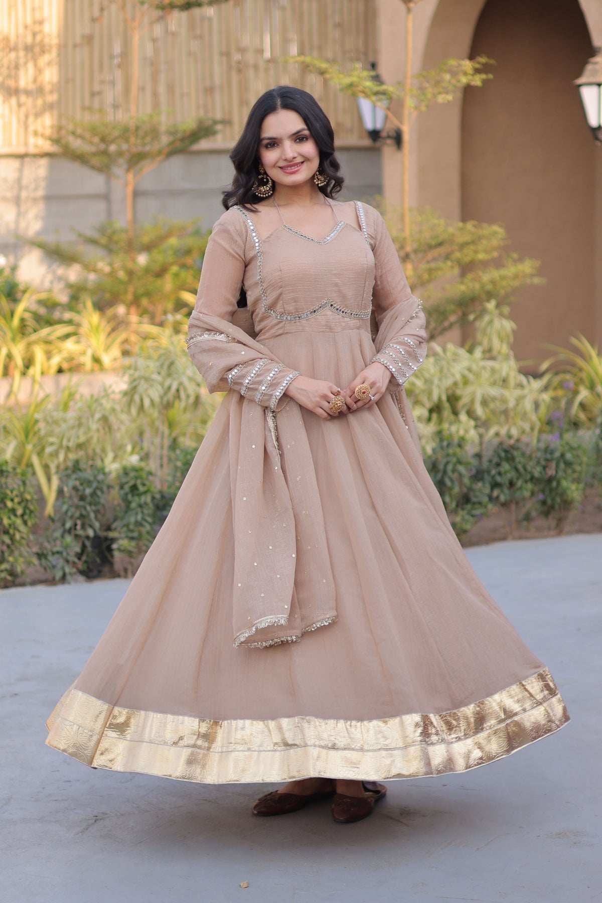 Aarvi Cream Silver Crunchy Gown Set