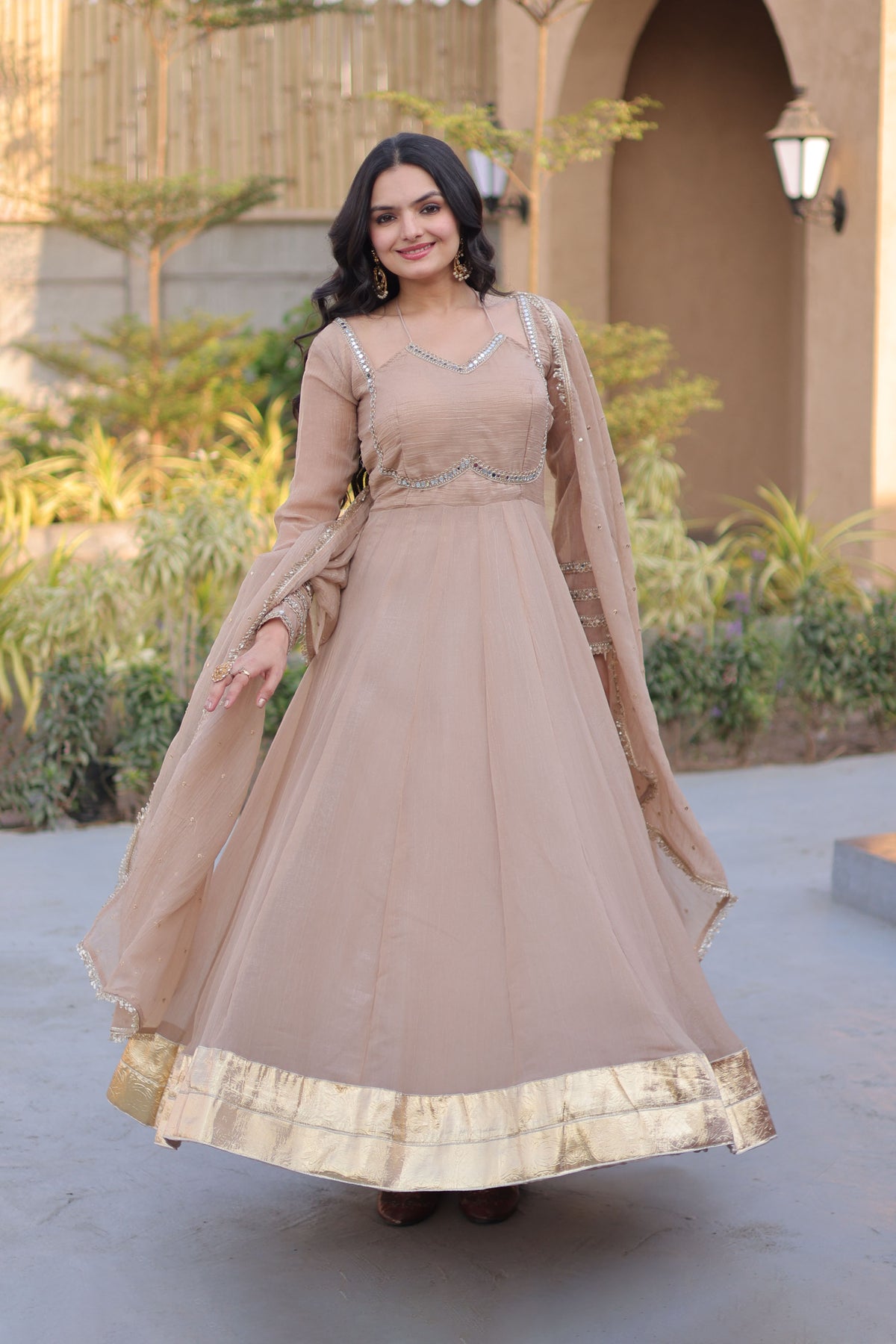 Aarvi Cream Silver Crunchy Gown Set
