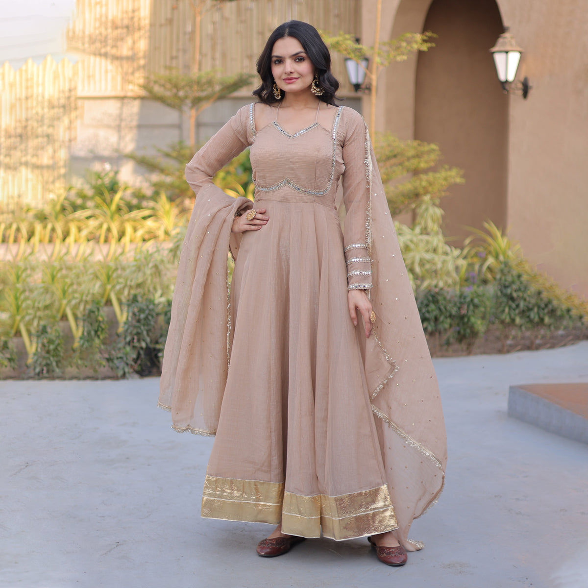 Aarvi Cream Silver Crunchy Gown Set
