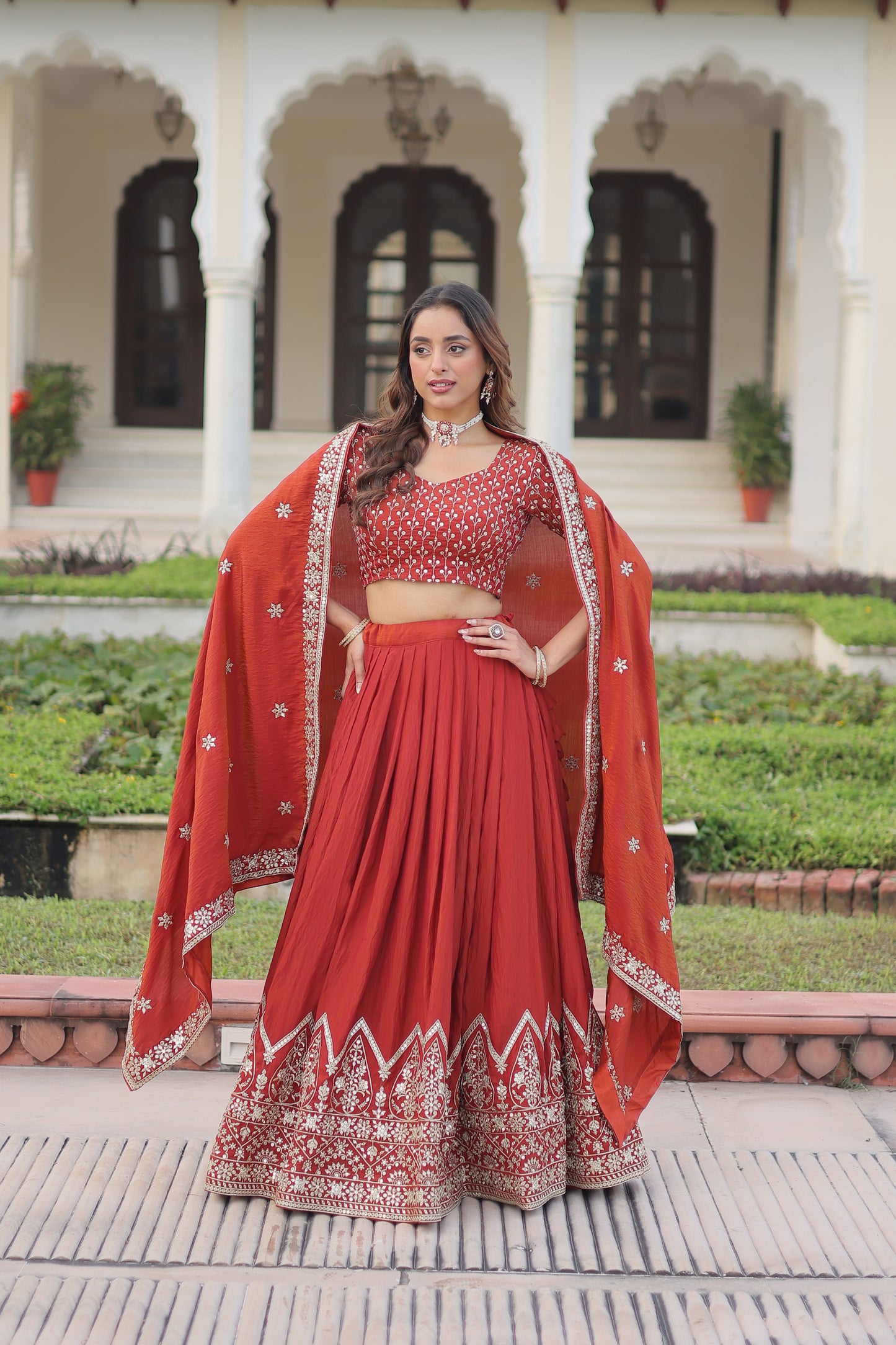 Regal Rust Aura Vichitra Silk Lehenga Choli Set