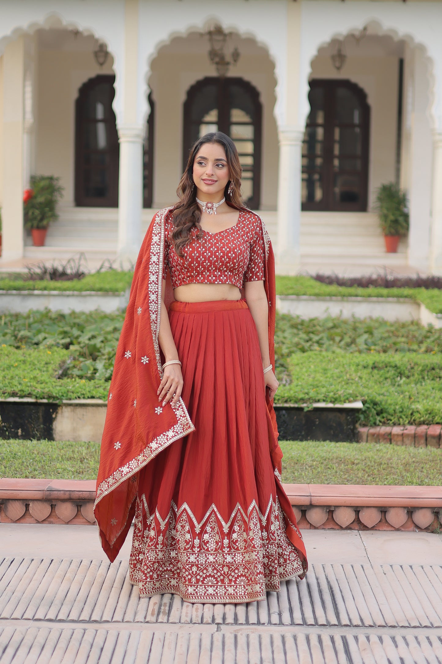 Regal Rust Aura Vichitra Silk Lehenga Choli Set