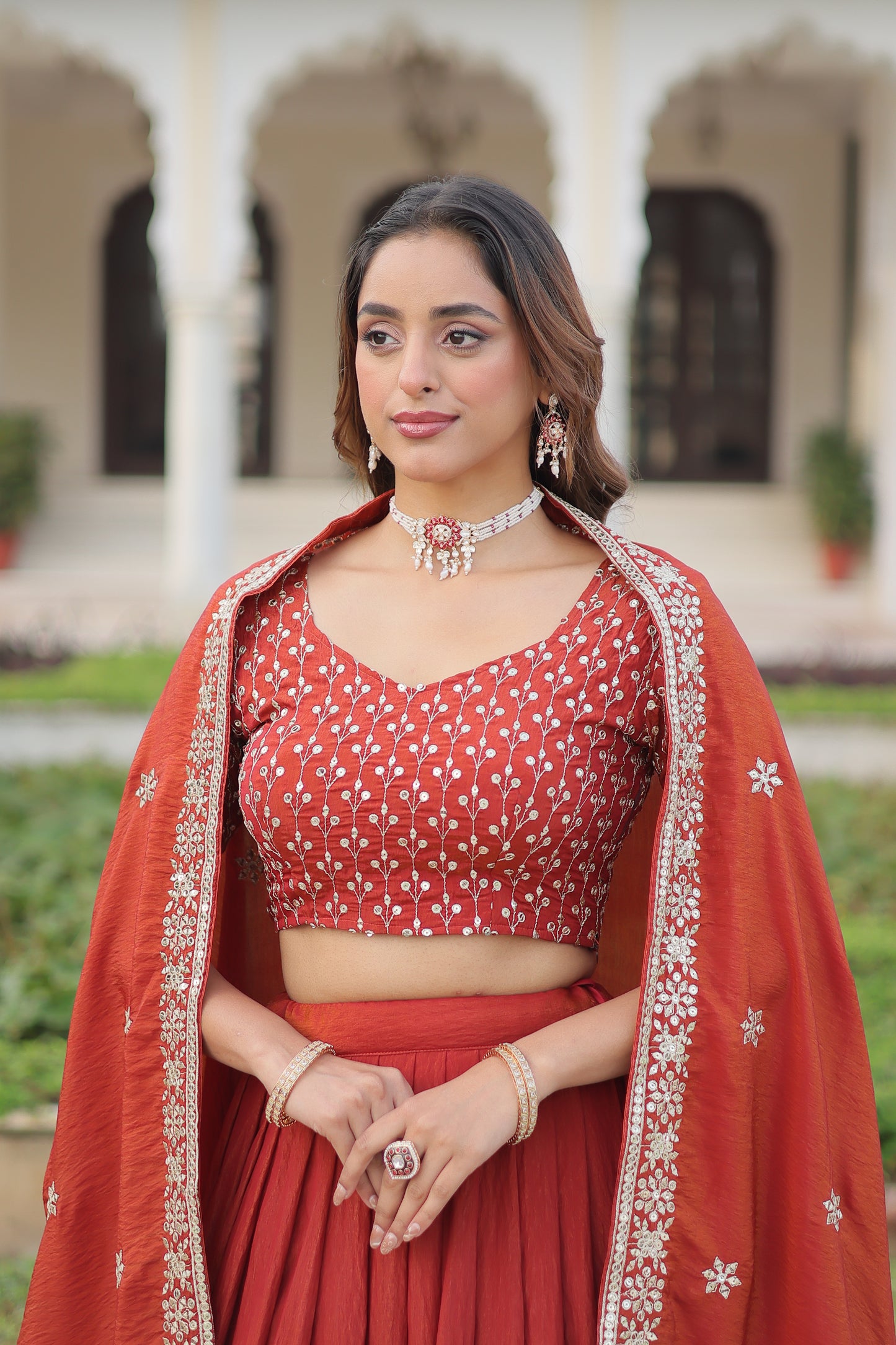 Regal Rust Aura Vichitra Silk Lehenga Choli Set