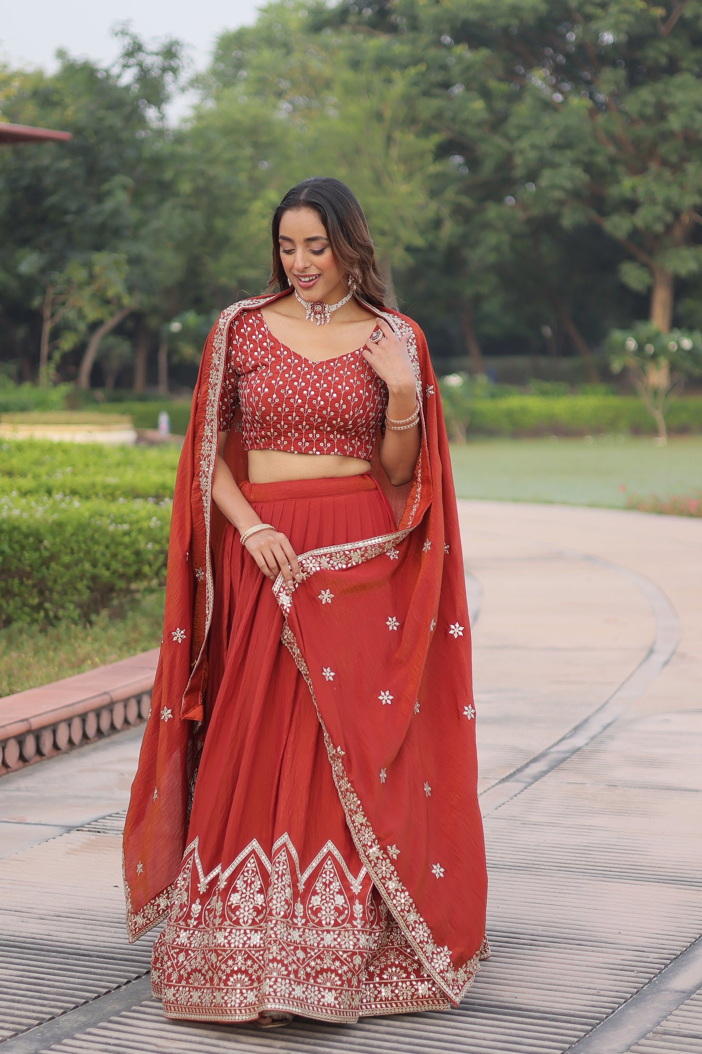 Regal Rust Aura Vichitra Silk Lehenga Choli Set