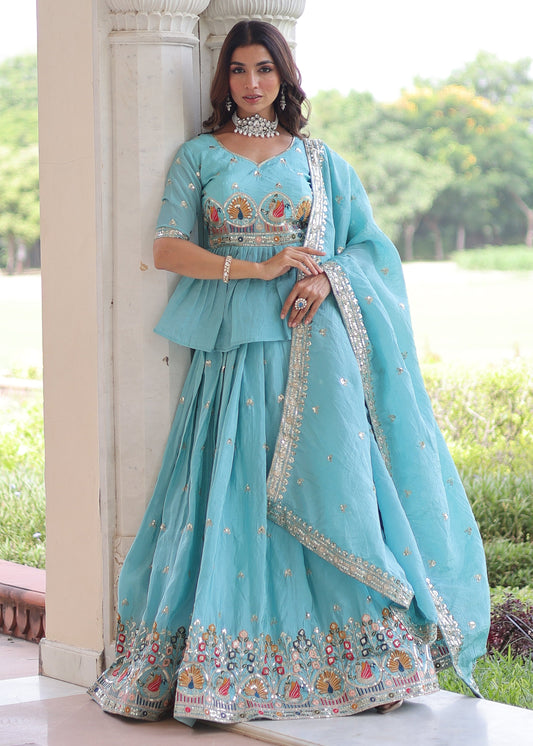 Celestial Aqua Gold Crush Lehenga Choli Set