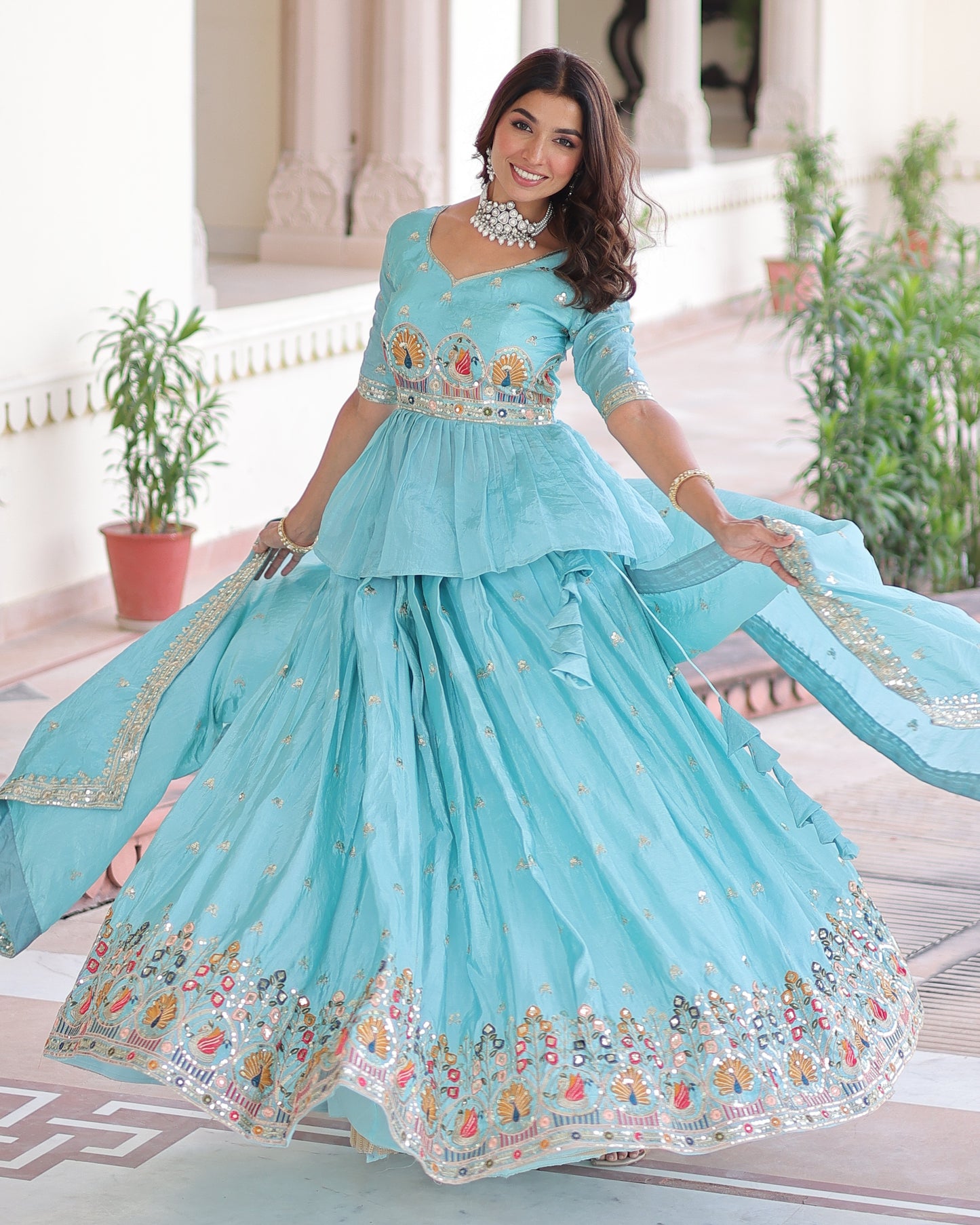 Celestial Aqua Gold Crush Lehenga Choli Set