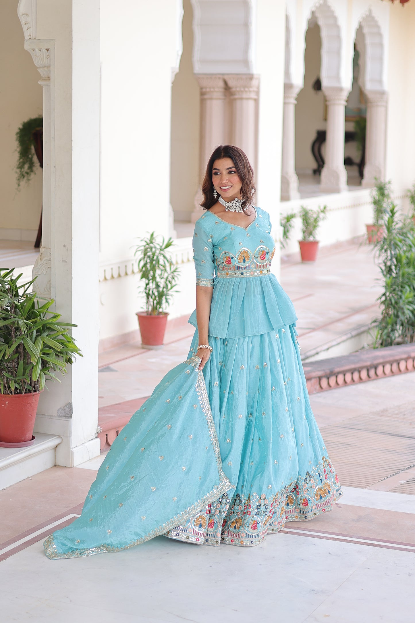 Celestial Aqua Gold Crush Lehenga Choli Set