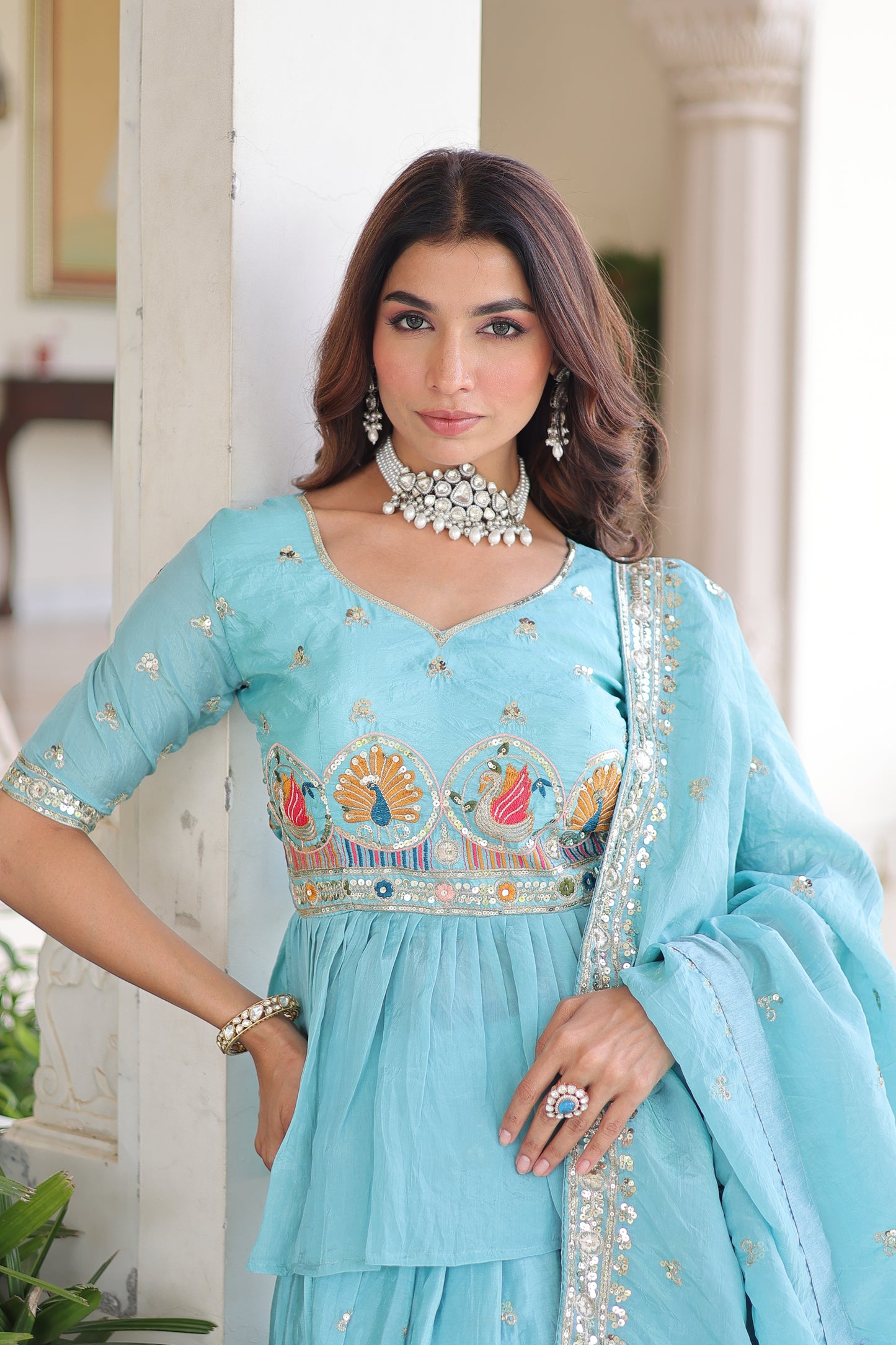 Celestial Aqua Gold Crush Lehenga Choli Set