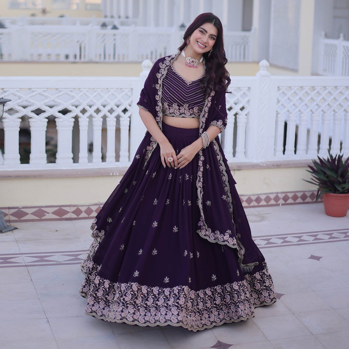 Kaavya Deep Wine Paisley Embroidered Lehenga Set