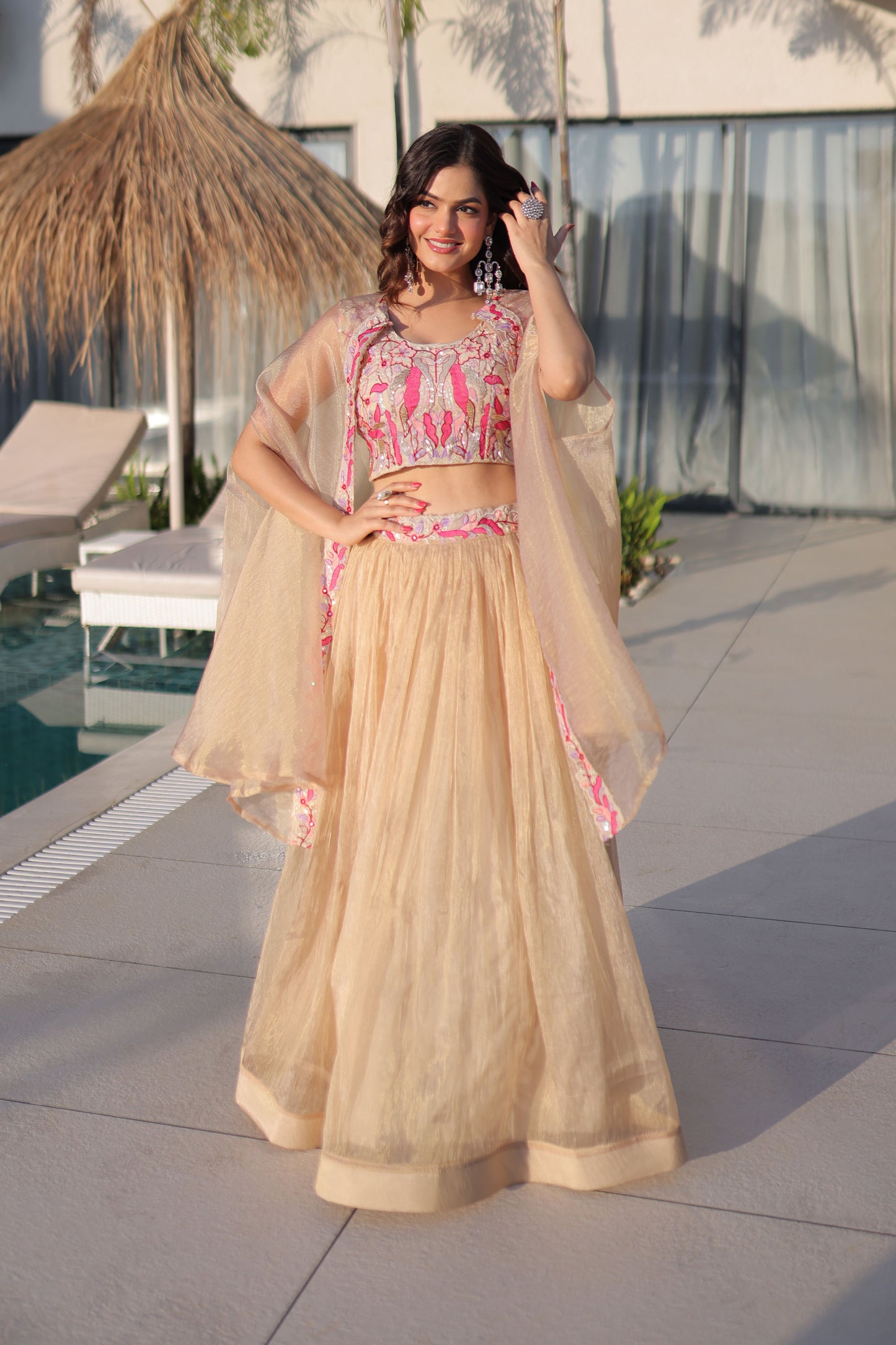 Anaira Gold Floral Beaded Shrug Lehenga Set