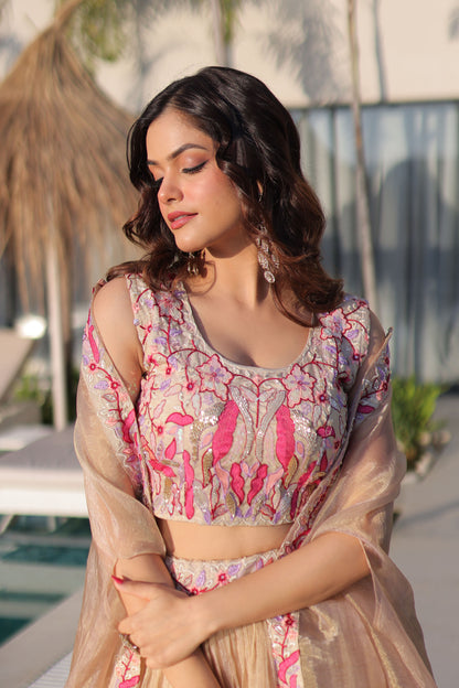 Anaira Gold Floral Beaded Shrug Lehenga Set