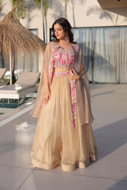Anaira Gold Floral Beaded Shrug Lehenga Set