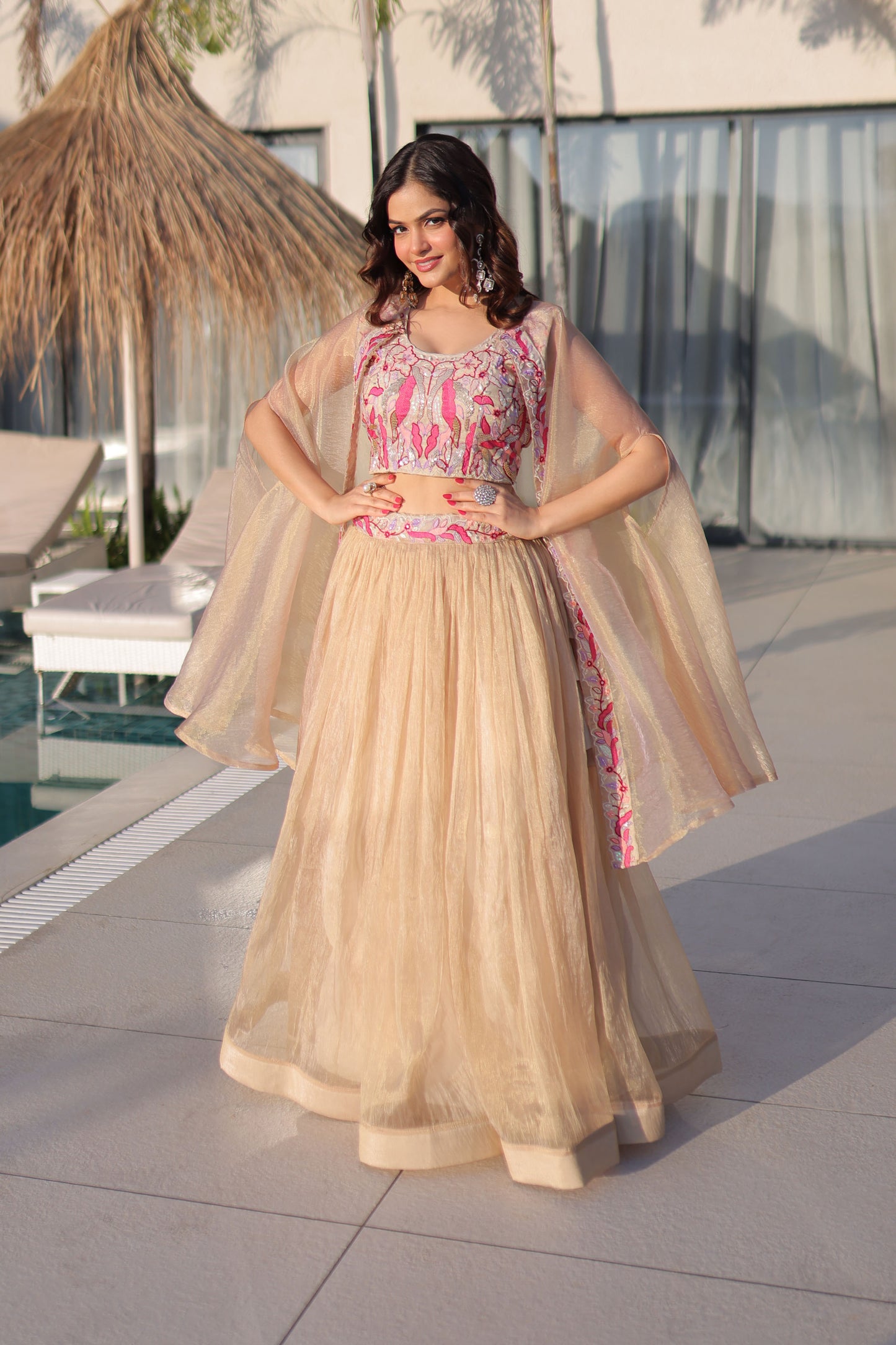 Anaira Gold Floral Beaded Shrug Lehenga Set