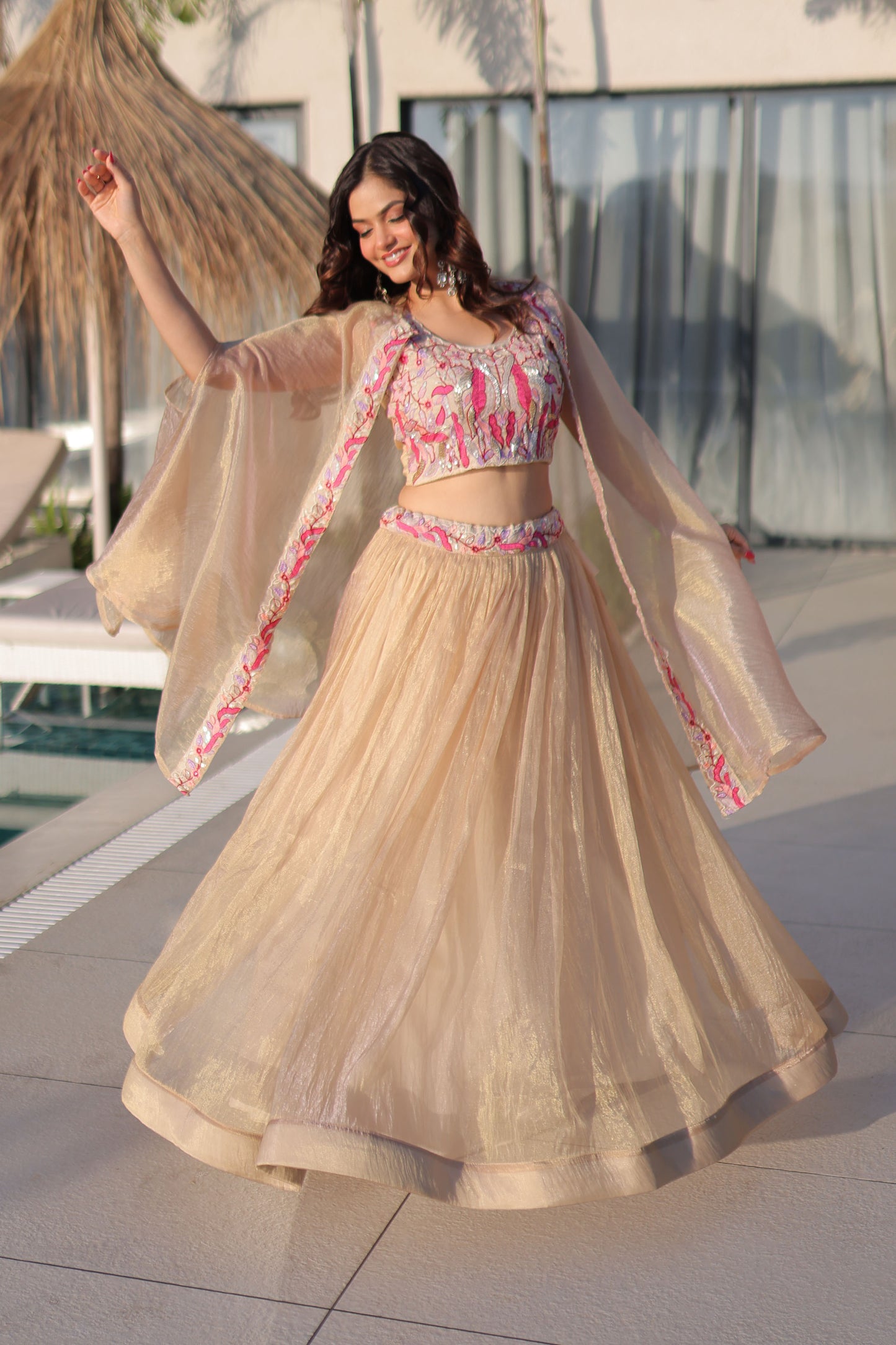 Anaira Gold Floral Beaded Shrug Lehenga Set