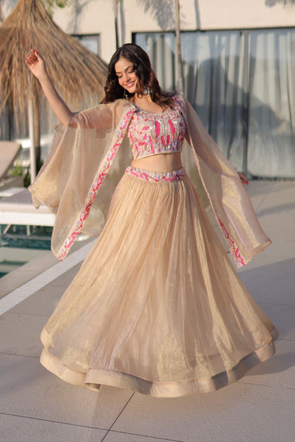 Anaira Gold Floral Beaded Shrug Lehenga Set