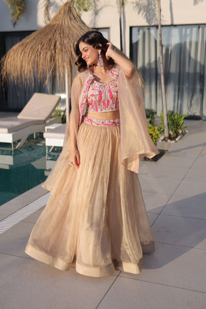 Anaira Gold Floral Beaded Shrug Lehenga Set