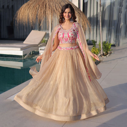 Anaira Gold Floral Beaded Shrug Lehenga Set