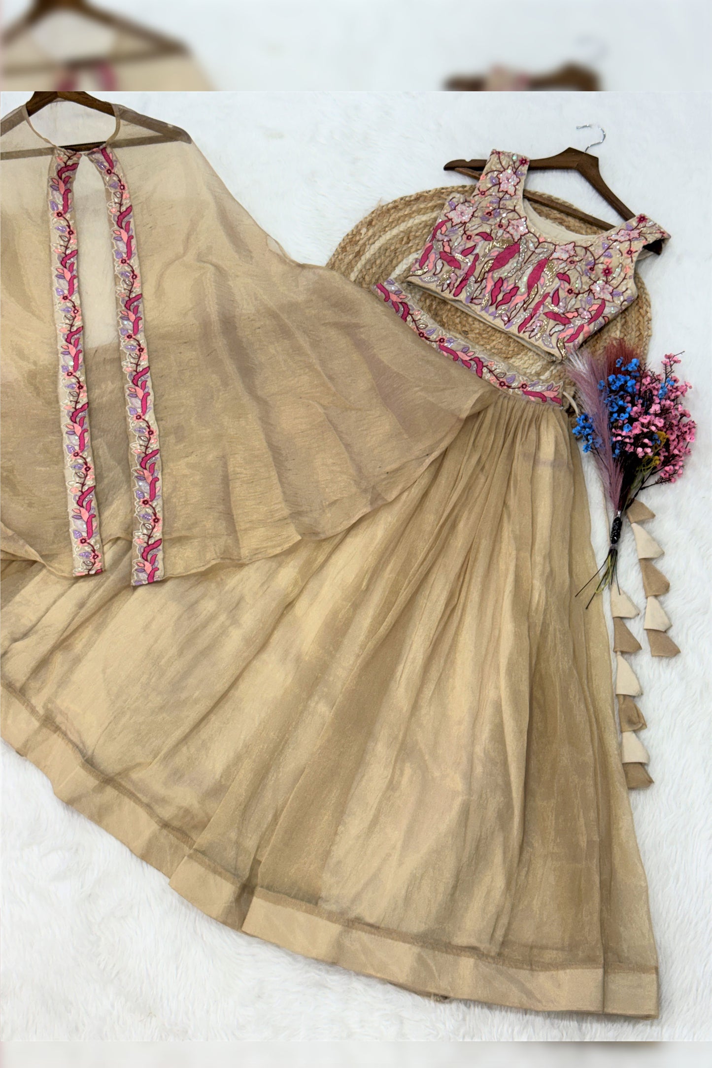 Anaira Gold Floral Beaded Shrug Lehenga Set