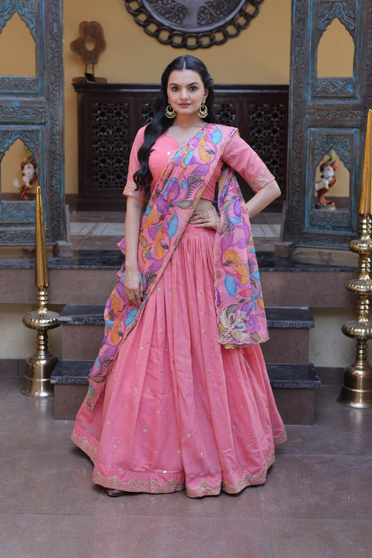 Anaya Peach Cosmos Silk Lehenga Set