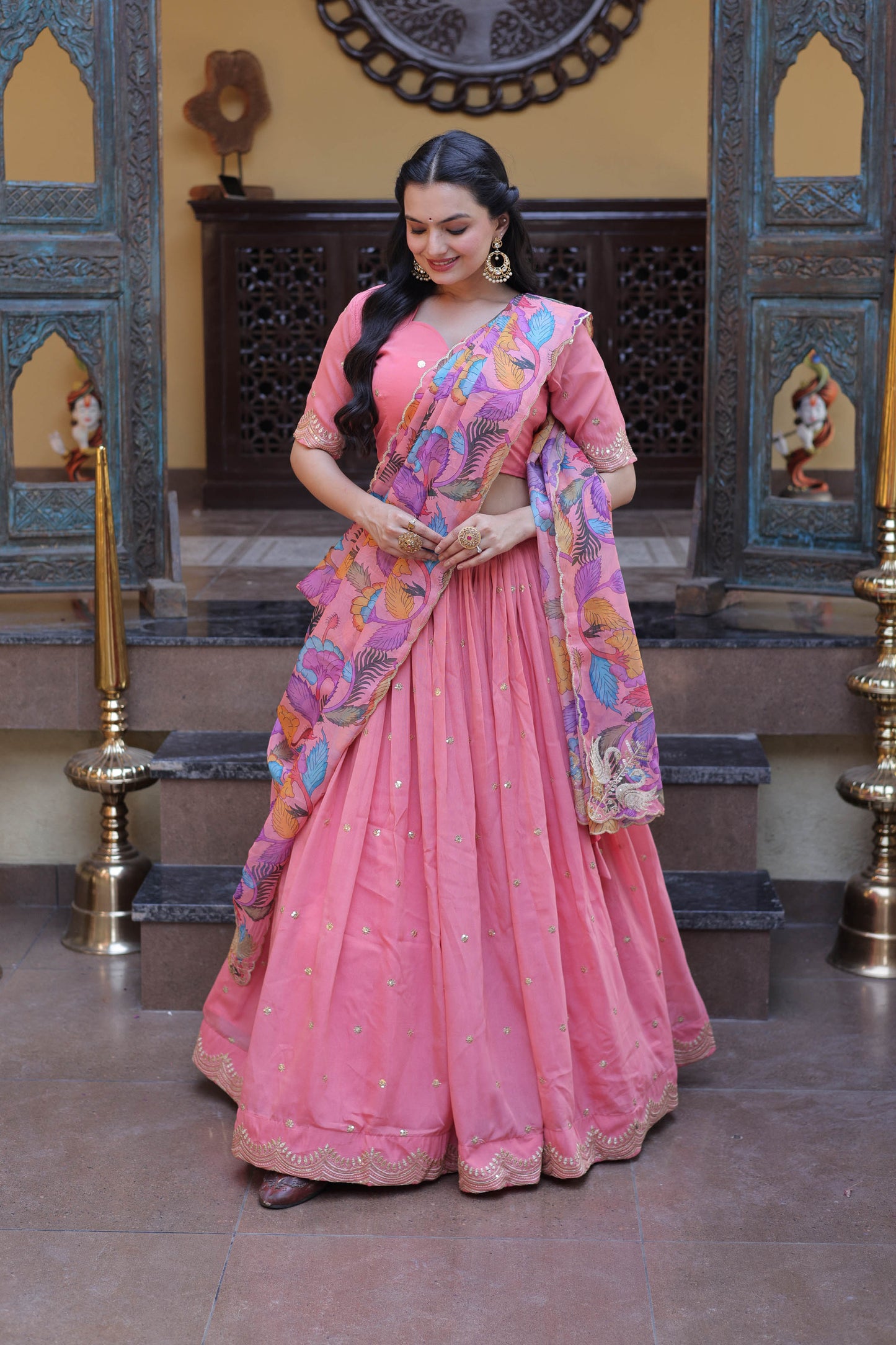 Anaya Peach Cosmos Silk Lehenga Set