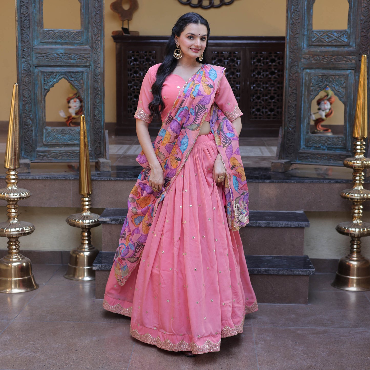 Anaya Peach Cosmos Silk Lehenga Set