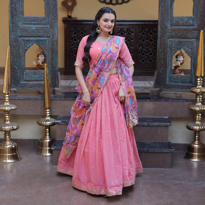 Anaya Peach Cosmos Silk Lehenga Set
