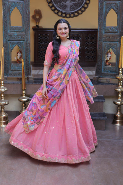Anaya Peach Cosmos Silk Lehenga Set